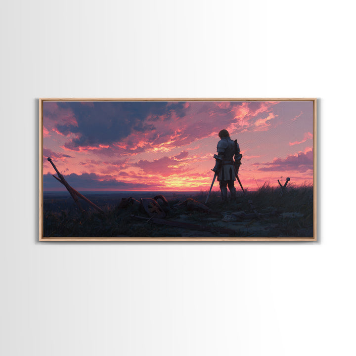 Lonely Warrior Sunset Wall Art, Medieval Battlefield Canvas Print, Moody Fantasy Landscape Decor, Gift For Him Office Art