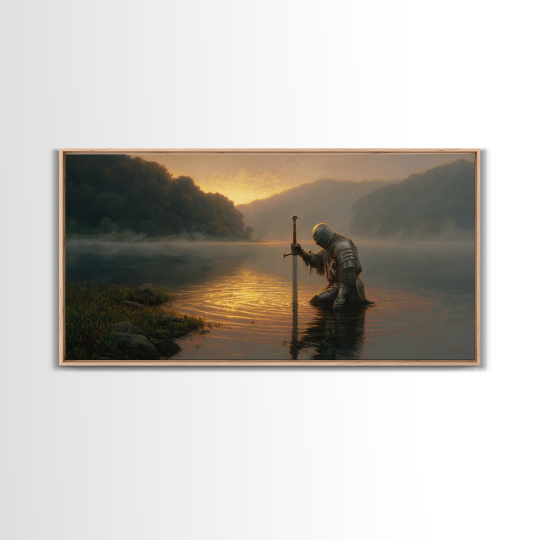 Kneeling Knight In Misty Lake At Sunrise Framed Canvas Print, Fantasy Wall Art, Medieval Decor, Man Cave Art, Gift For Him