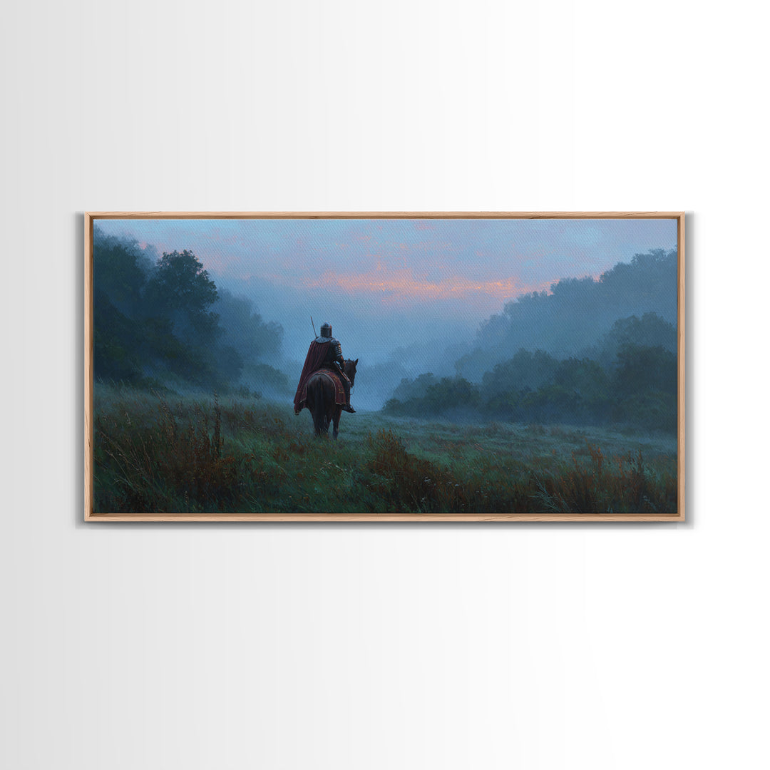 Lone Rider In Misty Forest Canvas Print, Moody Landscape Wall Art, Medieval Horseman Decor, Fantasy Adventure Gift For Him