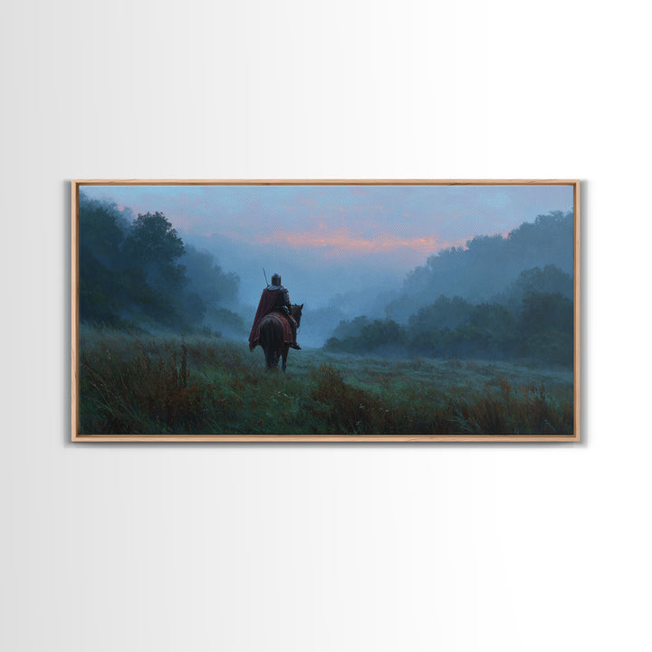 Lone Rider In Misty Forest Canvas Print, Moody Landscape Wall Art, Medieval Horseman Decor, Fantasy Adventure Gift For Him