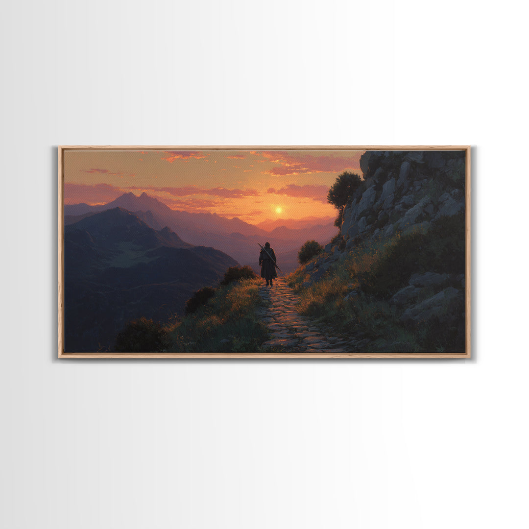 Lone Traveler Mountain Sunset Wall Art, Fantasy Landscape Canvas Print, Above Bed Decor, Adventure Gift, Nature Wall Decor