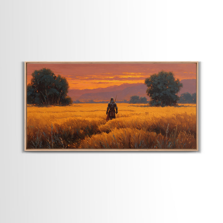 Armored Warrior In Golden Field Wall Art, Fantasy Landscape Print, Sunset Adventure Decor, Medieval Knight Gift For Him Art