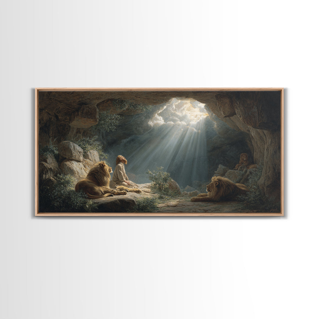 Sunlit Cave Child With Lions Canvas Print, Biblical Fantasy Wall Art For Nursery Decor, Prayer Room Decor And Housewarming Gift