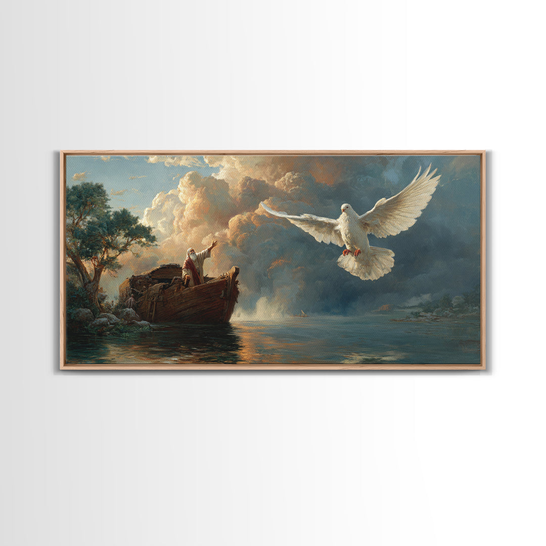 Noah Releasing White Dove From Ark Framed Canvas Print, Biblical Wall Art, Christian Decor, Spiritual Gift For Prayer Room