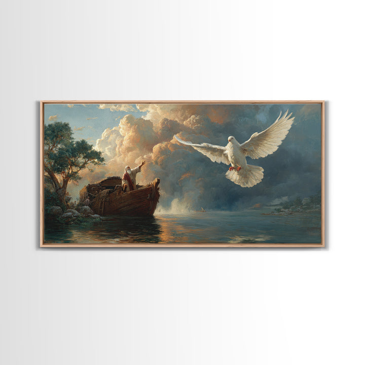 Noah Releasing White Dove From Ark Framed Canvas Print, Biblical Wall Art, Christian Decor, Spiritual Gift For Prayer Room