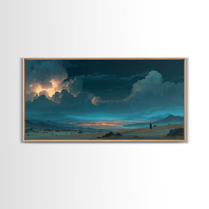Moonlit Desert Storm Wall Art, Moody Blue Night Landscape Canvas Print, Southwest Travel Decor, Dramatic City Lights Gift