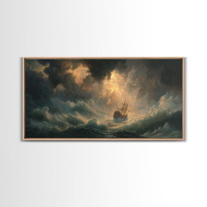 Lightning Storm Ship At Sea Canvas Print, Moody Ocean Seascape Wall Art, Nautical Decor, Dramatic Coastal Wall Decor For Living Room
