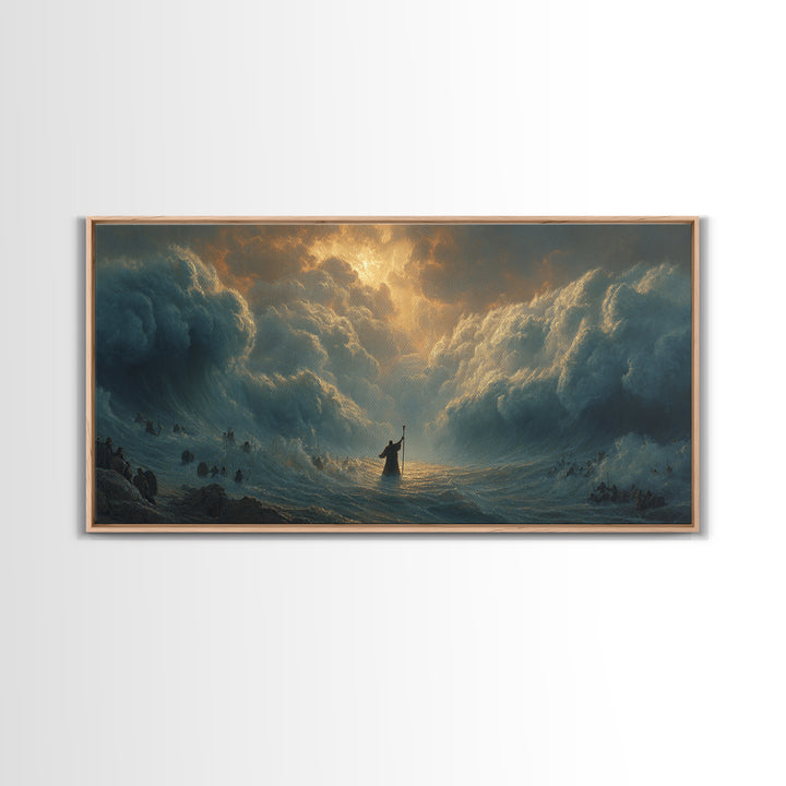 Moses Parting The Red Sea Wall Art, Biblical Ocean Storm Painting, Christian Home Decor, Dramatic Faith Gift For Living Room