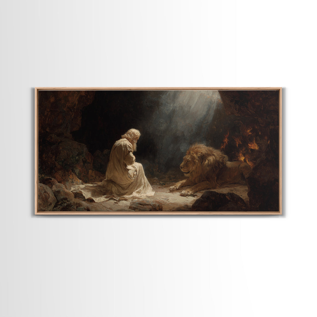 Praying Man With Lion Cave Wall Art, Christian Canvas Print, Biblical Daniel Decor, Spiritual Fine Art For Prayer Room Decor
