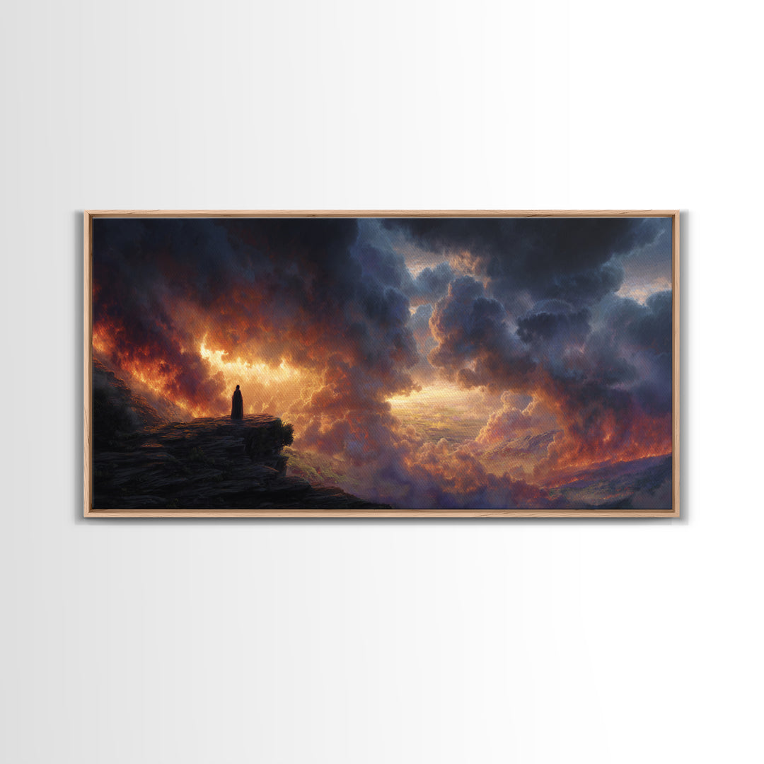 Lone Figure Before Fiery Storm Wall Art, Dark Fantasy Canvas Print, Dramatic Surreal Landscape, Moody Office Decor Gift For Him
