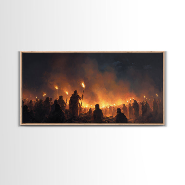 Torchlit Gathering In Smoky Night Wall Art, Dark Fantasy Painting Print, Moody Medieval Decor, Dramatic Statement Art For Gothic Home
