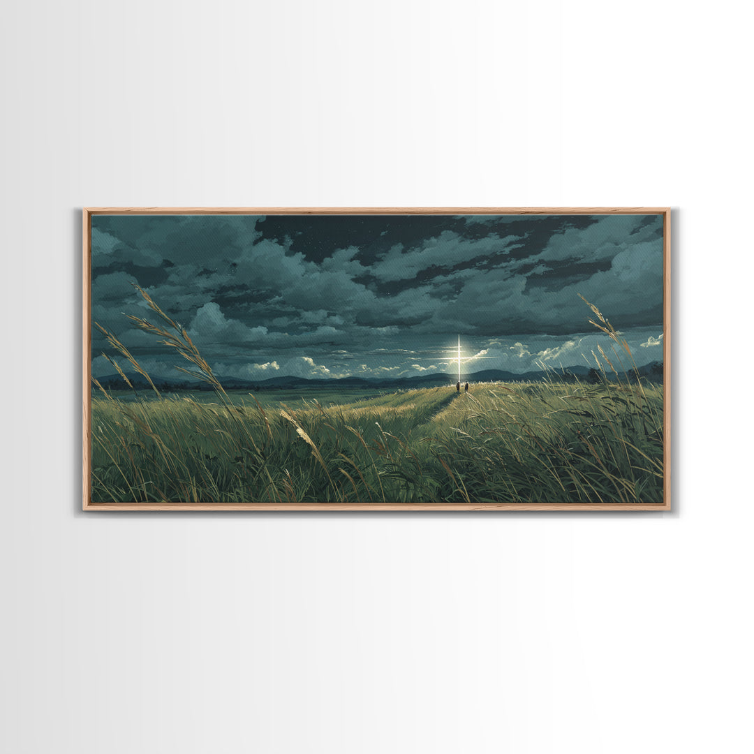 Lone Figure In Stormy Meadow Wall Art, Moody Fantasy Landscape Canvas Print, Cinematic Field Decor, Dramatic Nature Art Print