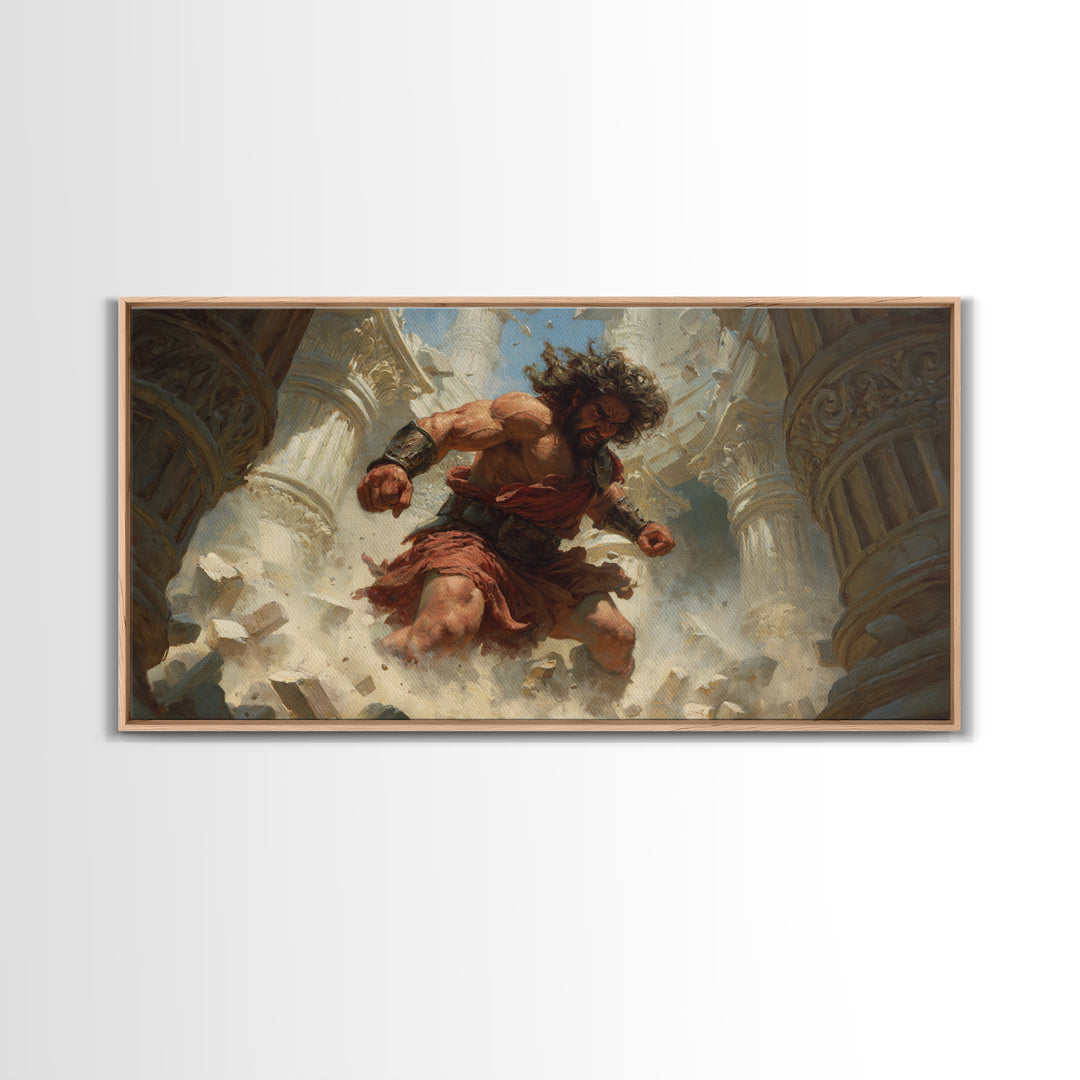 Raging Titan Among Ruined Columns Framed Canvas Print, Mythological Art, Greek Fantasy Wall Art, Dramatic Home Decor, Statement Artwork