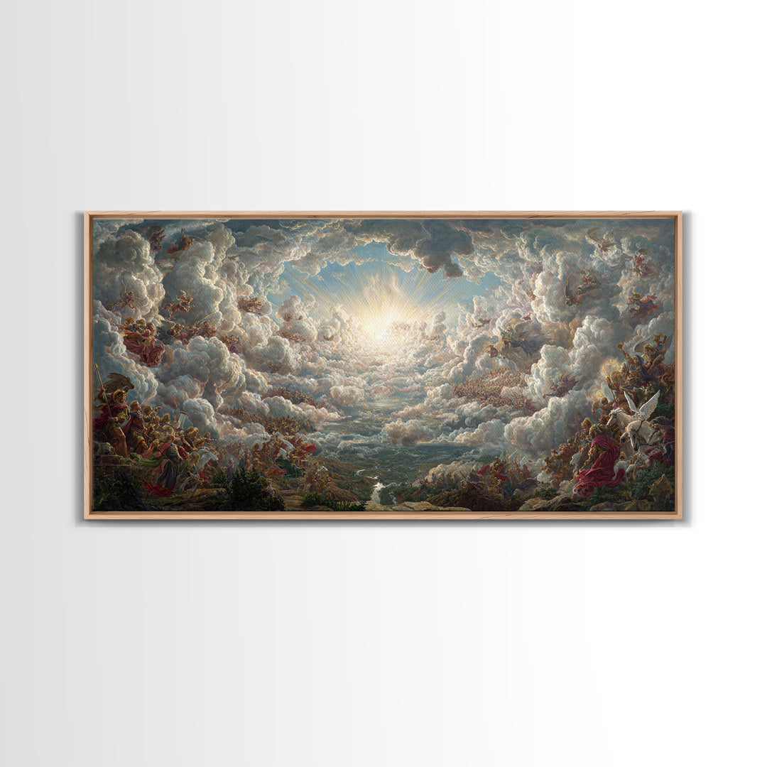 Heavenly Cloud Battle With Angels Framed Canvas Print, Baroque Mythological Wall Art, Renaissance Decor, Biblical Gift Art