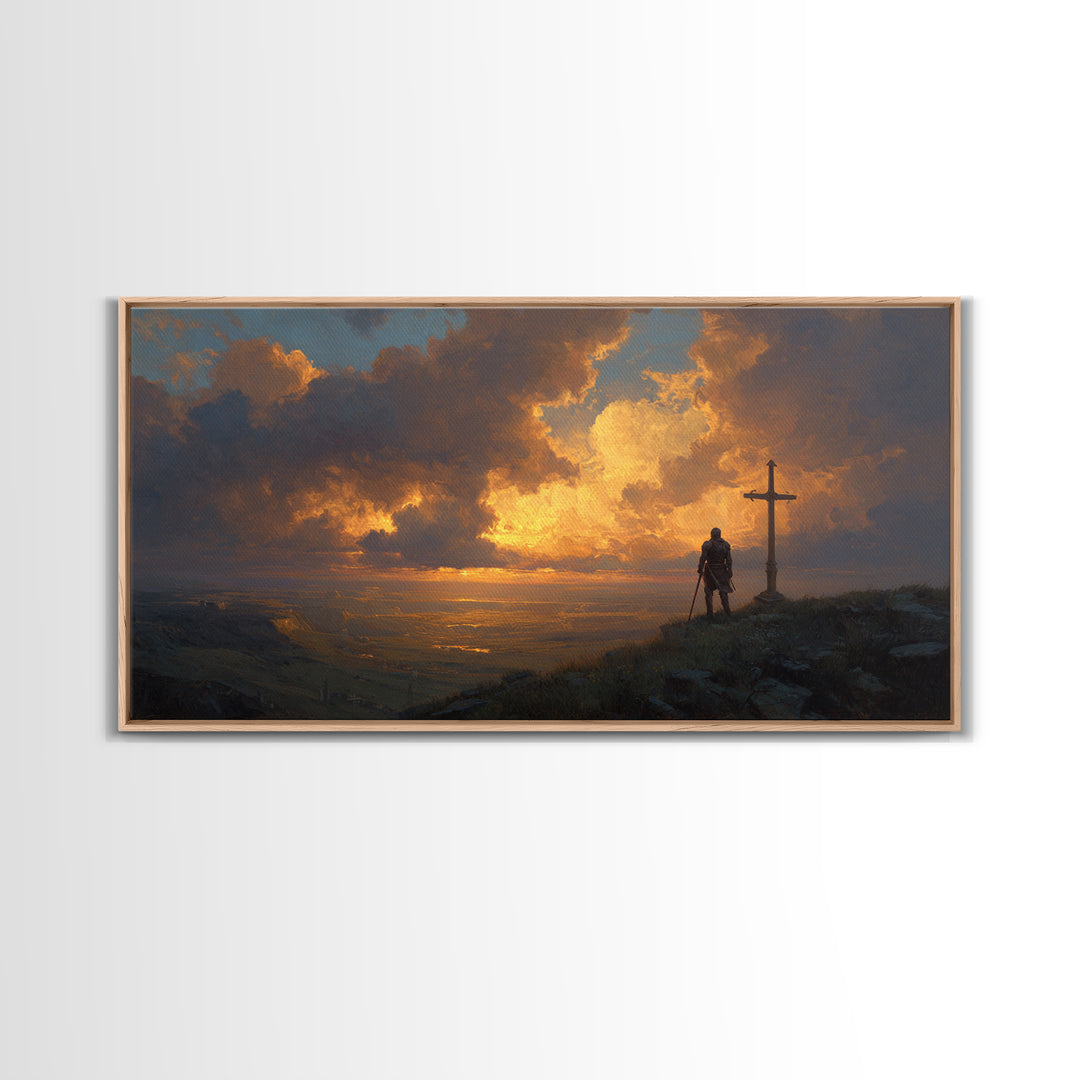Lone Knight Sunset Wall Art, Medieval Fantasy Landscape Canvas Print, Christian Cross Decor, Masculine Office Art Gift For Him