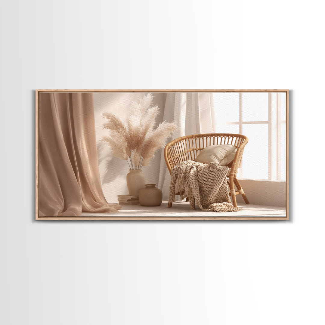 Neutral Wicker Chair With Pampas Grass Canvas Print, Boho Bedroom Wall Art, Cozy Minimalist Decor For Modern Living Room