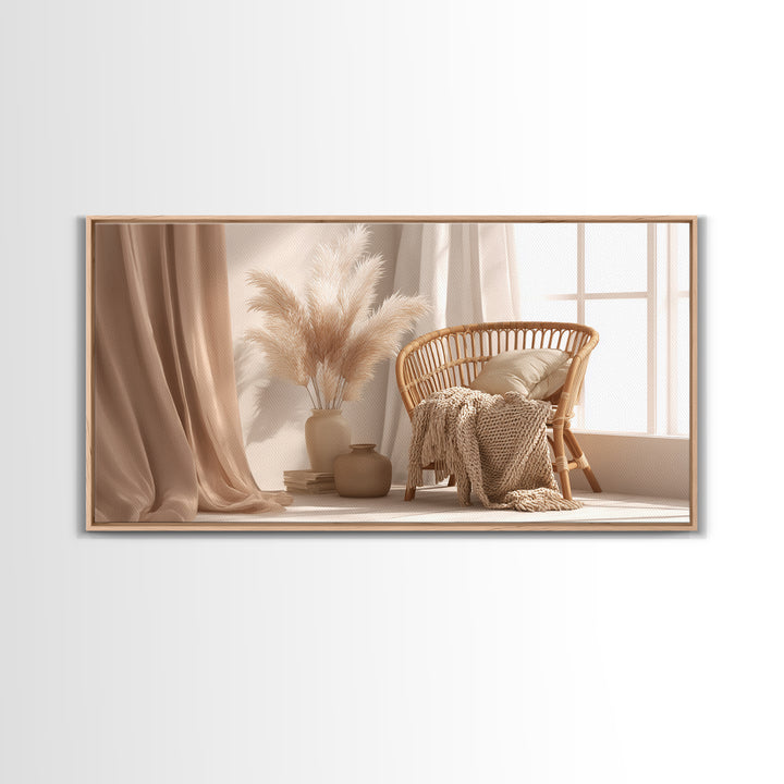 Neutral Wicker Chair With Pampas Grass Canvas Print, Boho Bedroom Wall Art, Cozy Minimalist Decor For Modern Living Room