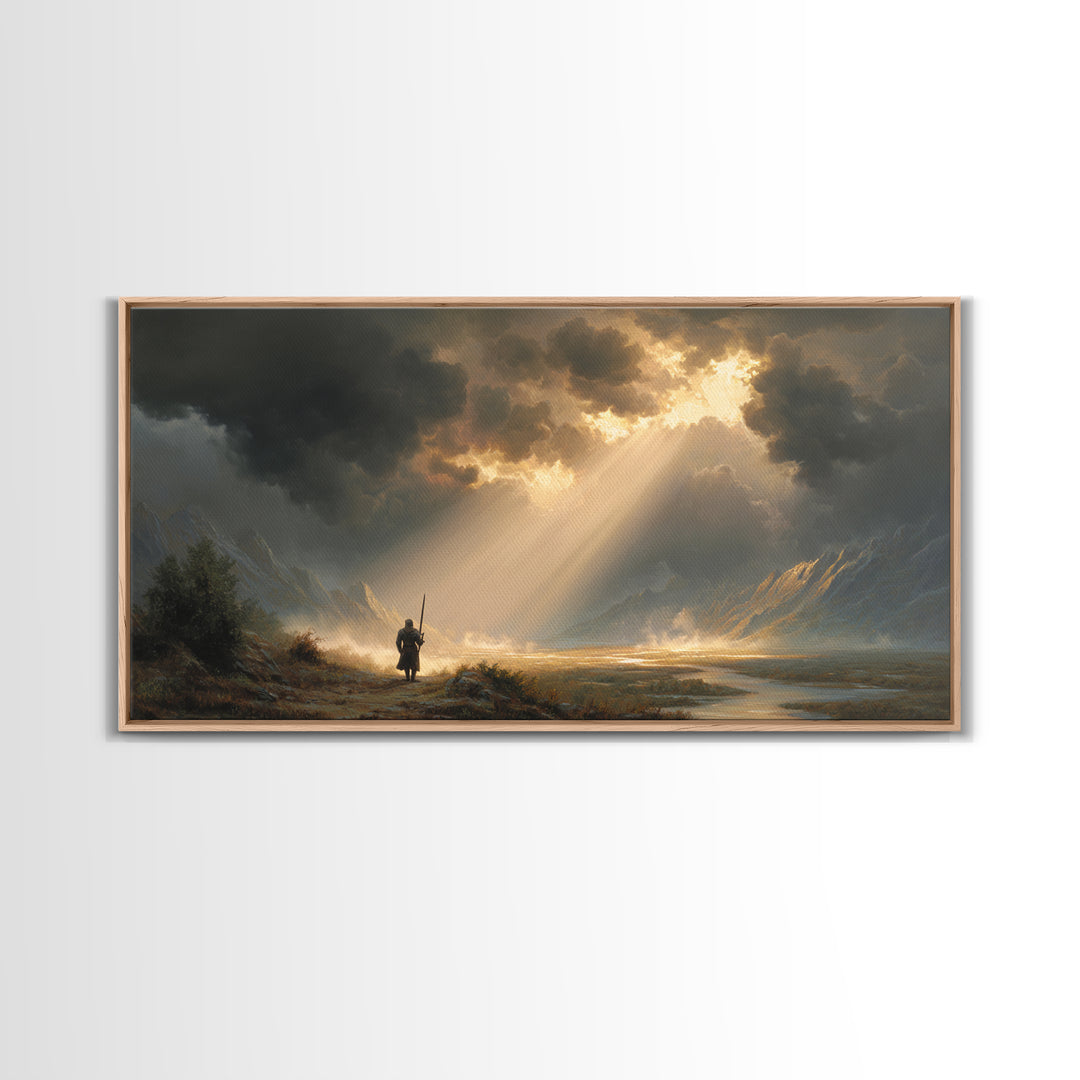 Warrior In Sunlit Mountain Valley Canvas Print, Fantasy Landscape Wall Art, Epic Adventure Decor And Dramatic Office Art