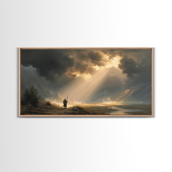 Warrior In Sunlit Mountain Valley Canvas Print, Fantasy Landscape Wall Art, Epic Adventure Decor And Dramatic Office Art