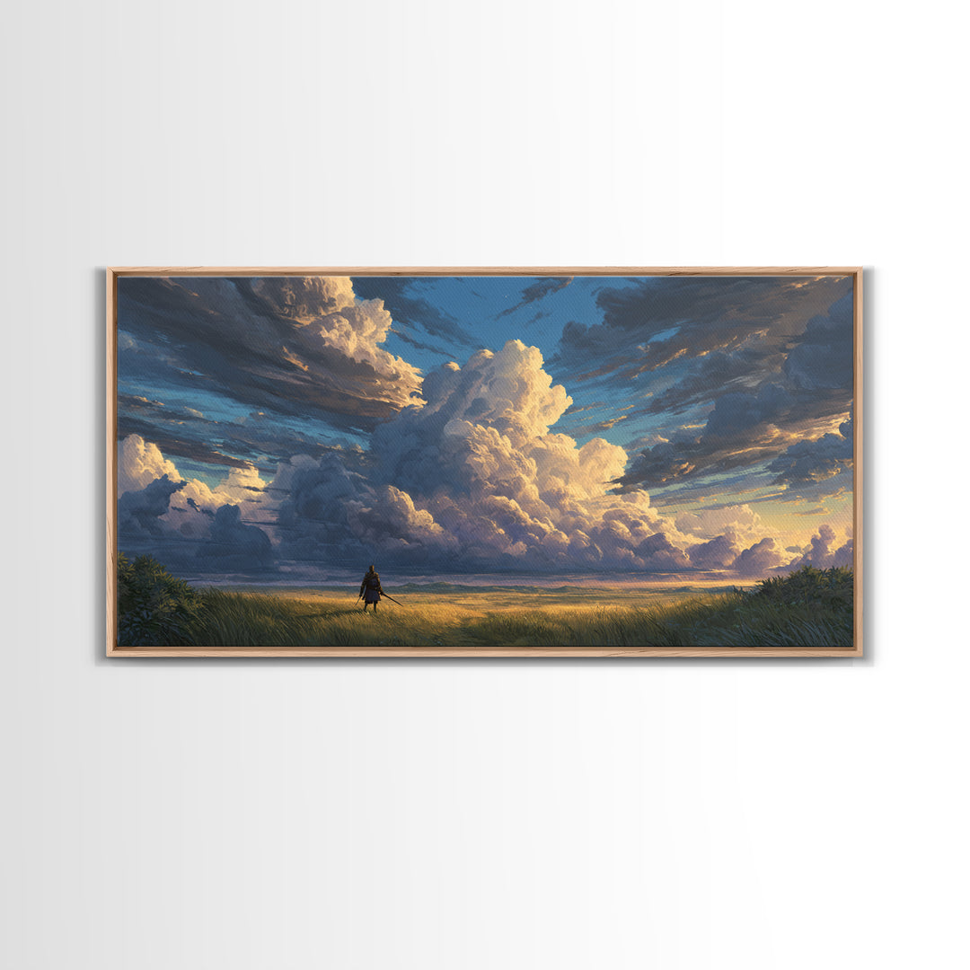 Lone Traveler Beneath Towering Clouds Wall Art, Dramatic Landscape Canvas Print, Calming Nature Living Room Decor, Large Poster
