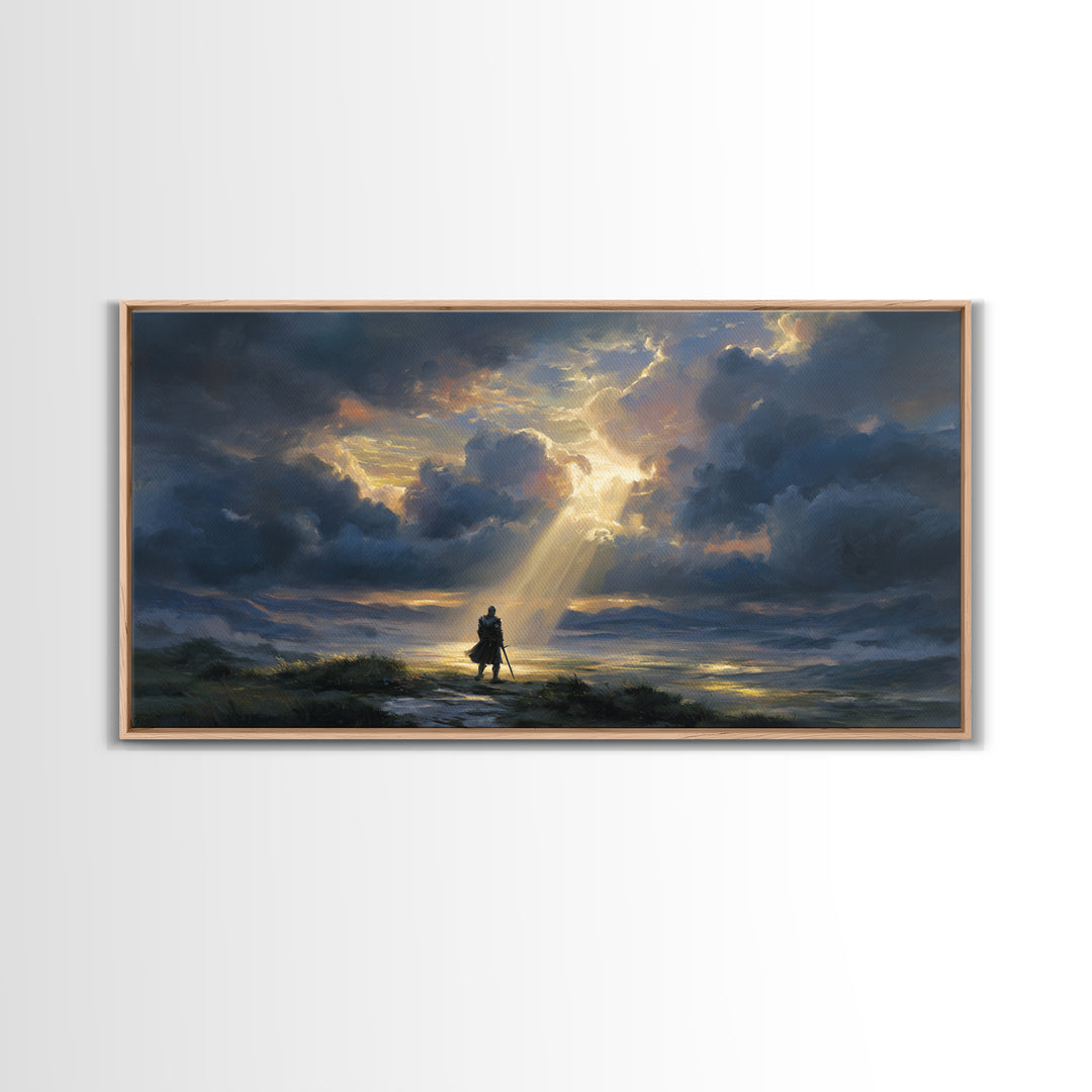 Lone Wanderer Beneath Radiant Storm Clouds Wall Art, Dramatic Fantasy Landscape Print, Moody Sky Living Room Decor, Gift For Him