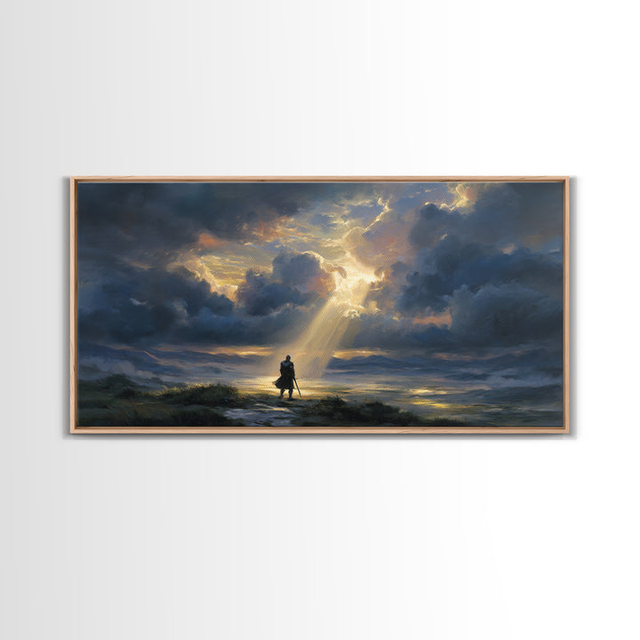 Lone Wanderer Beneath Radiant Storm Clouds Wall Art, Dramatic Fantasy Landscape Print, Moody Sky Living Room Decor, Gift For Him