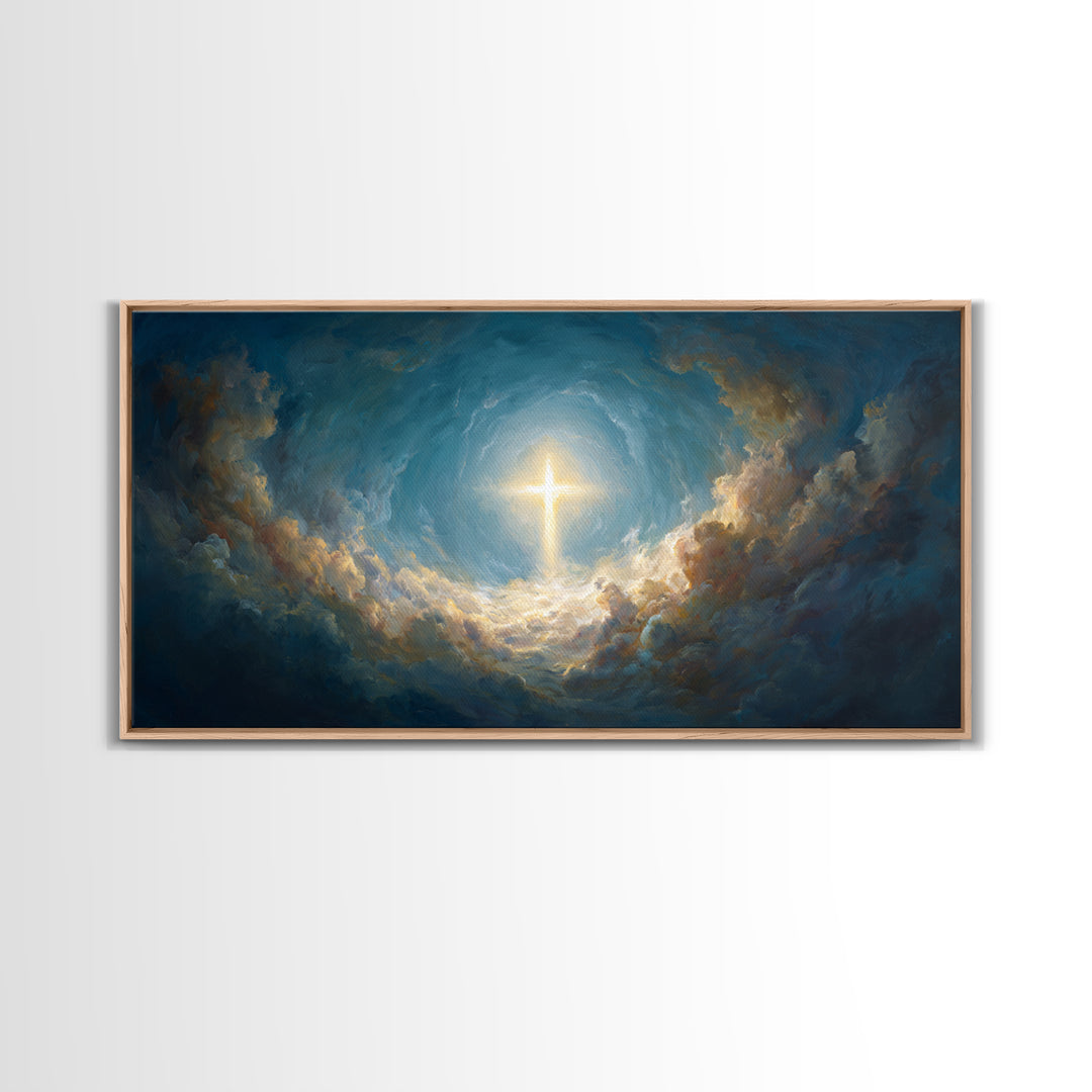 Glowing Cross In Stormy Clouds Wall Art, Christian Canvas Print, Celestial Religious Decor, Inspirational Gift For Home Decor