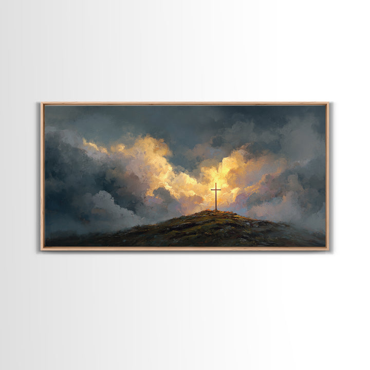 Dramatic Cross On Stormy Hill Wall Art, Christian Landscape Canvas, Moody Faith Decor, Religious Gift, Living Room Art Print