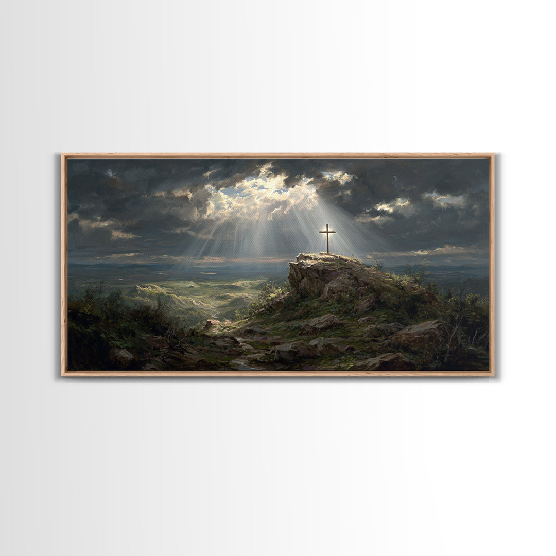 Sunlit Cross On Rocky Hill Wall Art, Christian Landscape Canvas Print, Bible Verse Decor, Spiritual Gift For Home And Prayer
