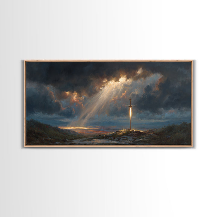 Glowing Sword In Storm Clouds Wall Art, Dramatic Christian Fantasy Canvas Print, Spiritual Decor, Dark Academia Gift For Him