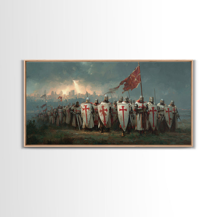 Medieval Knights Templar Army Wall Art, Crusader Framed Canvas Print, Historical Painting, Man Cave Decor, Unique Gift For Him