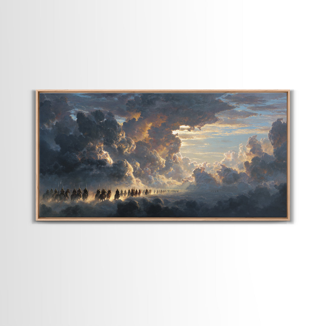 Celestial Riders In Storm Clouds Wall Art, Epic Fantasy Sky Painting, Dramatic Landscape Canvas, Mythological Decor For Office