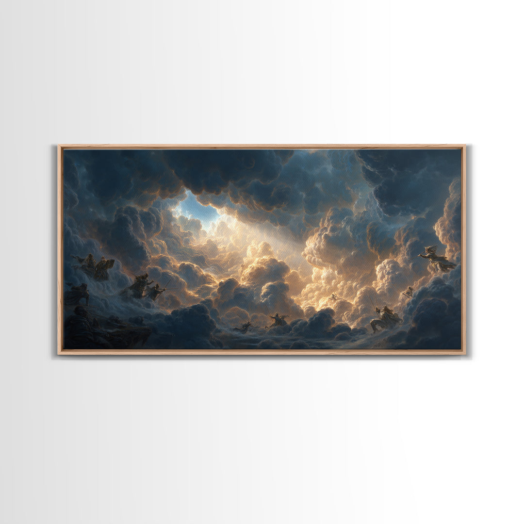Celestial Riders In Storm Clouds Framed Canvas Print, Epic Fantasy Wall Art, Mythological Sky Painting, Dramatic Decor, Unique Gift
