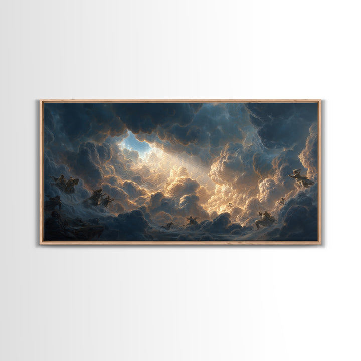 Celestial Riders In Storm Clouds Framed Canvas Print, Epic Fantasy Wall Art, Mythological Sky Painting, Dramatic Decor, Unique Gift
