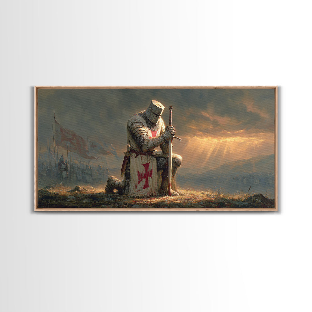 Kneeling Templar Knight Battlefield Wall Art, Medieval Crusader Framed Canvas Print, Dark Fantasy Decor, Christian Warrior Art