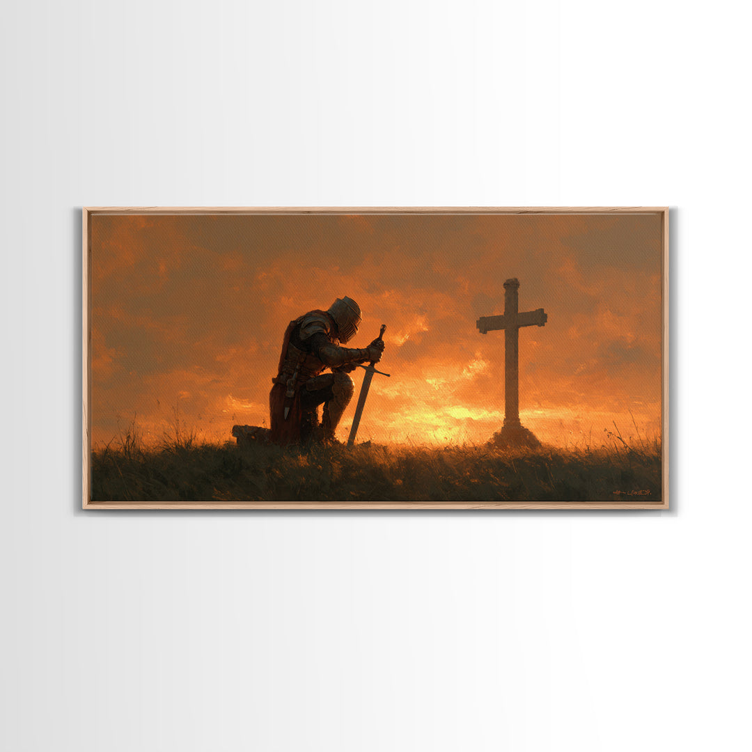Kneeling Knight Before Cross Canvas Print, Christian Wall Art, Medieval Prayer Home Decor, Bible Verse Inspired Gift For Him