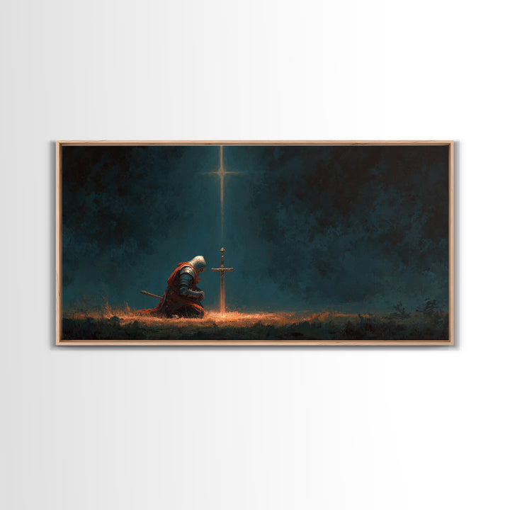 Kneeling Knight Before Cross Canvas Print, Christian Wall Art, Dark Fantasy Decor, Prayer Room Art, Medieval Office Decor