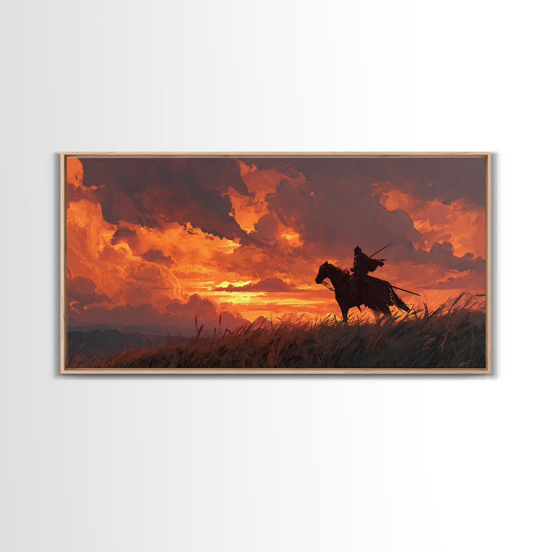 Lone Horseman At Fiery Sunset Wall Art, Western Cowboy Canvas Print, Rustic Landscape Decor, Masculine Office Gift For Him