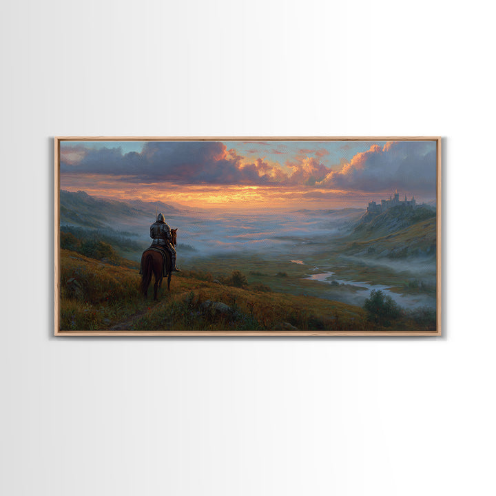 Lone Knight Over Misty Castle Valley Framed Canvas Print, Fantasy Wall Art For Gaming Room Decor And Medieval Adventure Home Decor