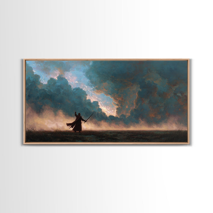 Lone Swordsman Under Storm Clouds Canvas Print, Dark Fantasy Landscape Wall Art, Moody Warrior Decor, RPG Gift For Gamer