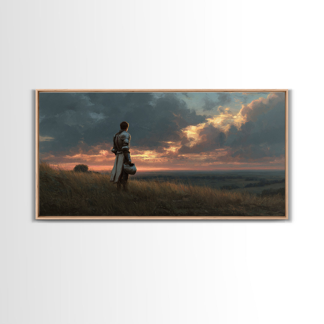Solitary Knight At Sunset Framed Canvas Print, Medieval Fantasy Landscape Wall Art, Dramatic Medieval Home Decor Gift For Him