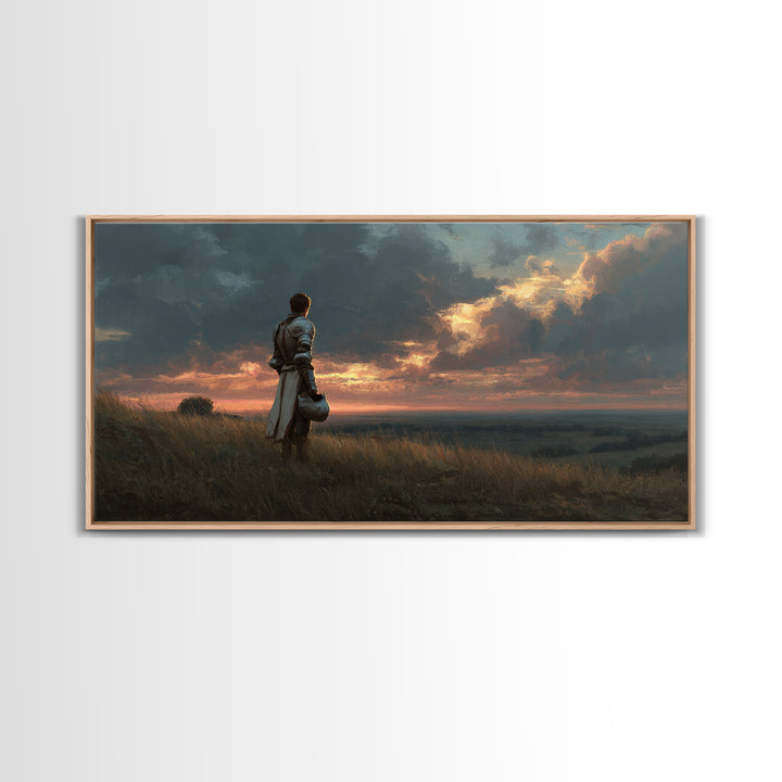 Solitary Knight At Sunset Framed Canvas Print, Medieval Fantasy Landscape Wall Art, Dramatic Medieval Home Decor Gift For Him