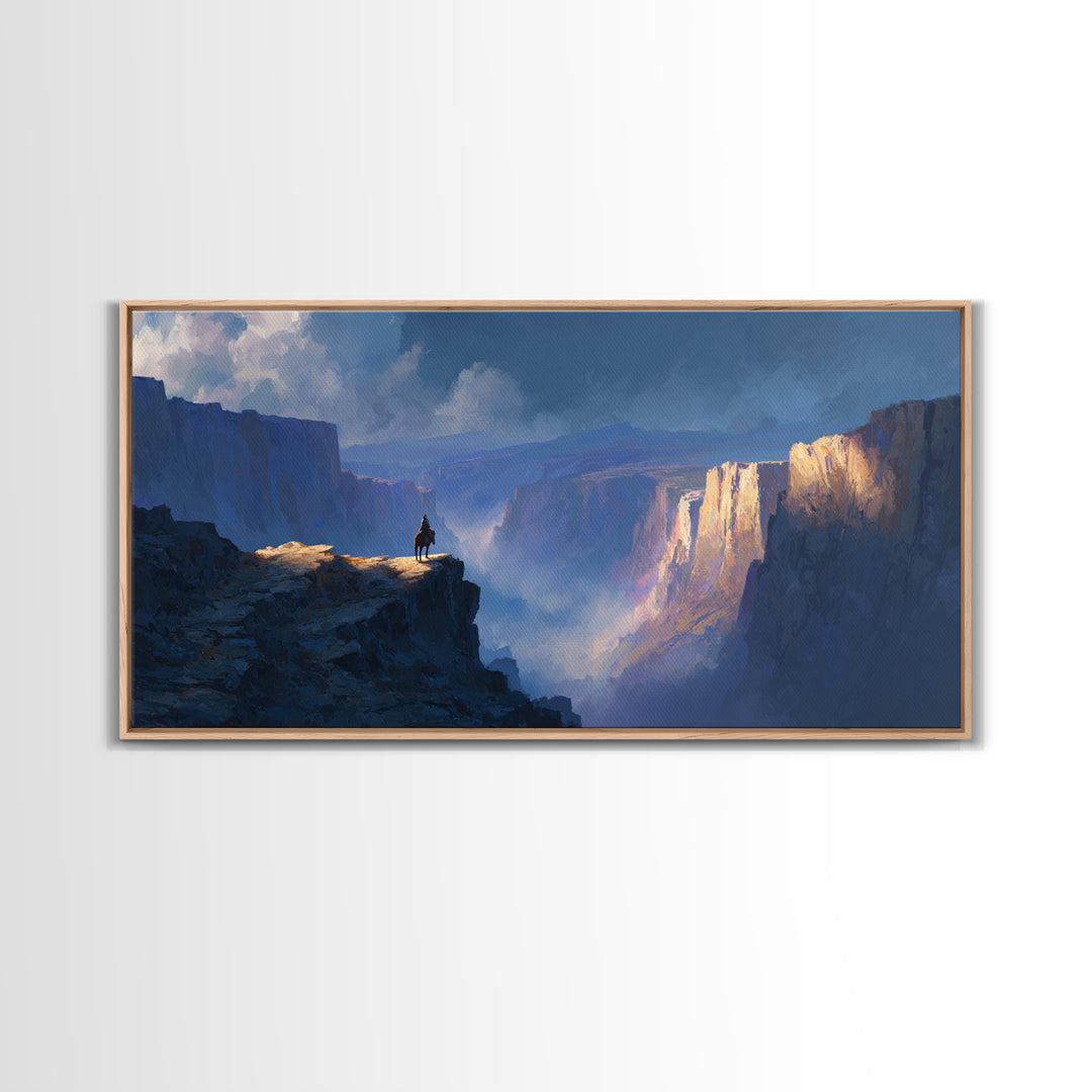 Lonely Rider On Blue Canyon Cliff Wall Art, Fantasy Landscape Canvas Print, Western Decor, Large Statement Artwork For Office