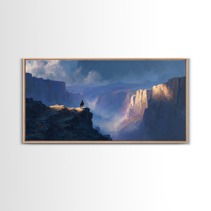 Lonely Rider On Blue Canyon Cliff Wall Art, Fantasy Landscape Canvas Print, Western Decor, Large Statement Artwork For Office