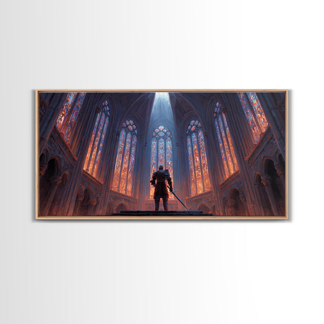 Gothic Cathedral Knight Wall Art, Stained Glass Framed Canvas Print, Medieval Fantasy Decor, Dark Academia, Statement Art