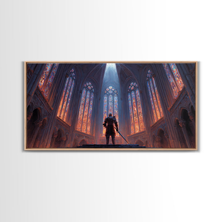 Gothic Cathedral Knight Wall Art, Stained Glass Framed Canvas Print, Medieval Fantasy Decor, Dark Academia, Statement Art