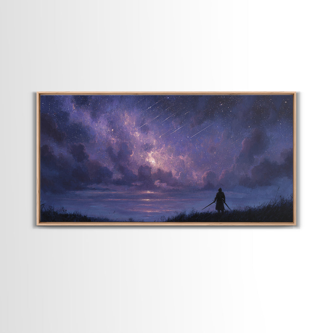 Lone Warrior Beneath Meteor Star Sky Wall Art, Fantasy Landscape Print, Celestial Decor, Gamer Room Canvas Print For Bedroom Decor
