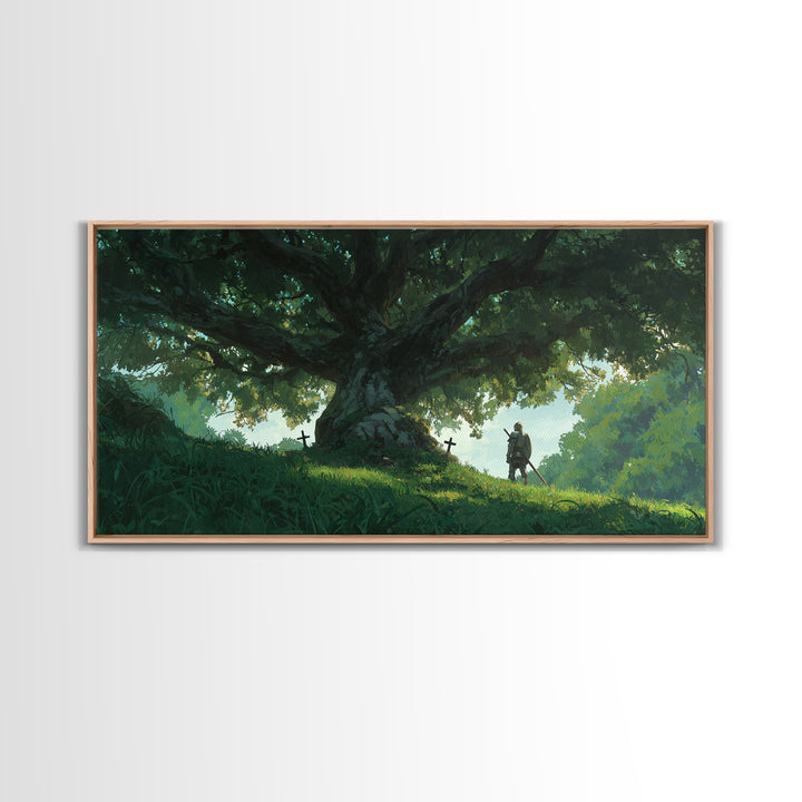 Ancient Oak With Lone Knight Wall Art, Enchanted Forest Canvas Print, Fantasy Landscape For Rustic Home Decor And Nursery Decor