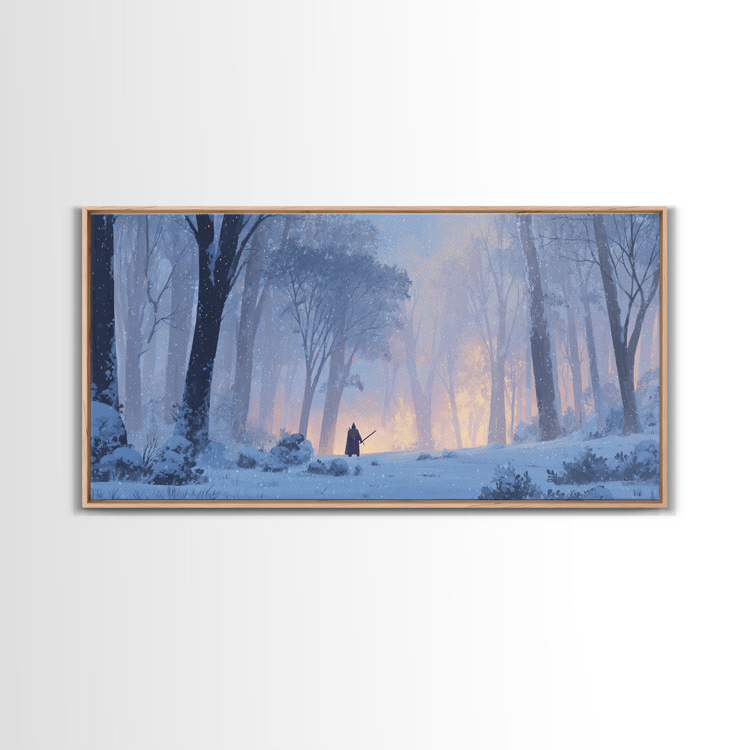 Lone Warrior In Snowy Forest Wall Art, Winter Fantasy Landscape Painting, Moody Woodland Decor, Adventure Canvas Print Gift