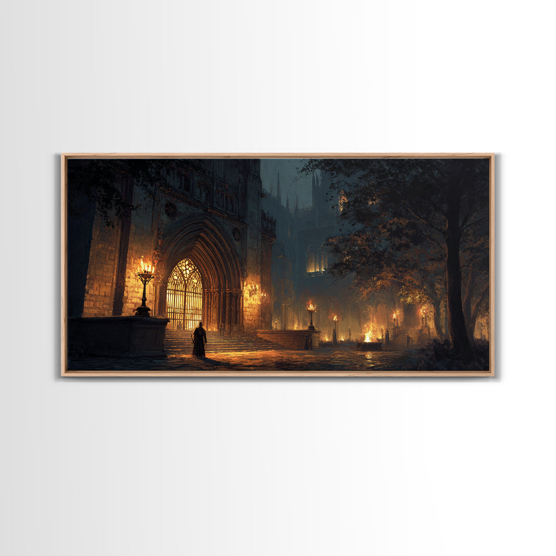 Gothic Cathedral Night Wall Art, Dark Academia Framed Canvas Print, Moody Architecture Poster, Victorian Office Decor, Gift